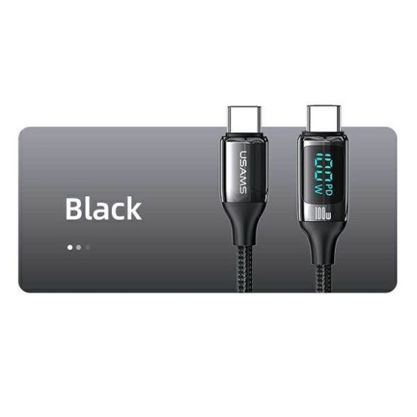 USAMS kábel fonott U78 USB-C - USB-C LED 3m 100W gyorstöltés fekete SJ559USB01 (US-SJ559)