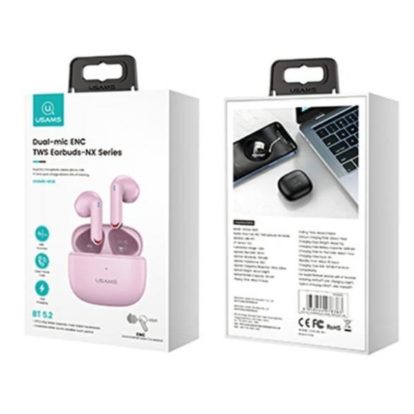USAMS NX10 Series TWS Bluetooth 5.2 vezeték nélküli fülhallgató - rózsaszín