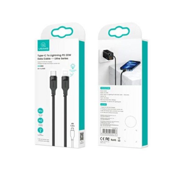 USAMS kábel USB-C - Lightning PD gyorstöltés Lithe sorozat 1,2m 20W fekete SJ566USB01 (US-SJ566)