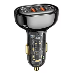   USAMS autós töltő 2xUSB+1xUSB-C 125W gyorstöltés átlátszó fekete CC158CC01 (US-CC158)