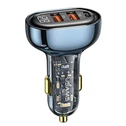   USAMS autós töltő 2xUSB+1xUSB-C 125W gyorstöltés átlátszó kék CC158CC02 (US-CC158)