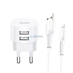   USAMS T20 hálózati töltő 2xUSB 2,1A lightning kerek gyorstöltés - fehér