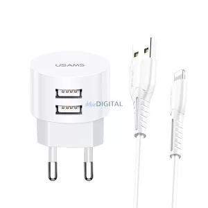 USAMS T20 hálózati töltő 2xUSB 2,1A lightning kerek gyorstöltés - fehér