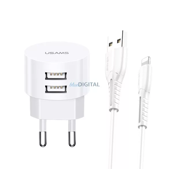 USAMS T20 hálózati töltő 2xUSB 2,1A lightning kerek gyorstöltés - fehér