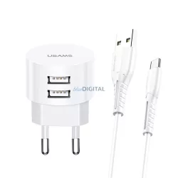   USAMS Hálózati Power Delivery 2xUSB T20 2,1 A microUSB fehér round Fast Charging XTXLOGT18MC05