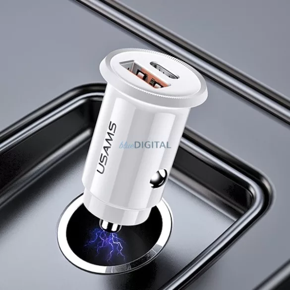 USAMS C12 autós töltő USB+USB-C 30W 5V-3A QC4.0+PD3.0 5A gyorstöltés (US-CC086) - fehér