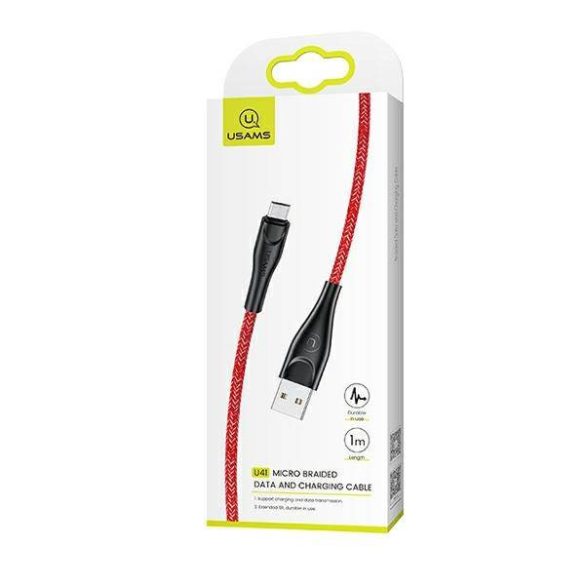 USAMS kábel fonott U41 microUSB 1m 2A piros SJ393USB02 (US-SJ393) gyorstöltés