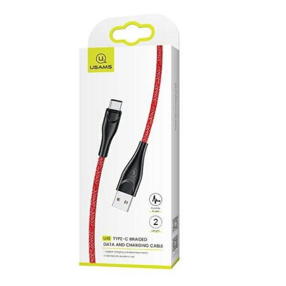 USAMS kábel fonott U41 USB-C 2m 2A piros SJ395USB02 (US-SJ395)