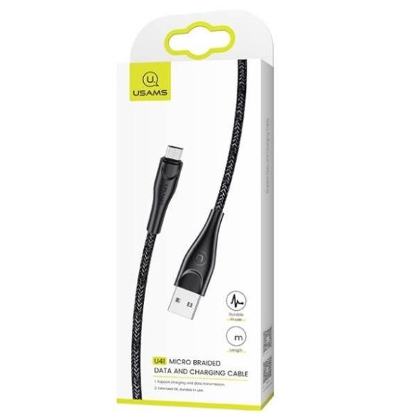 USAMS kábel fonott U41 microUSB 2m 2A fekete SJ396USB01 (US-SJ396) gyorstöltés