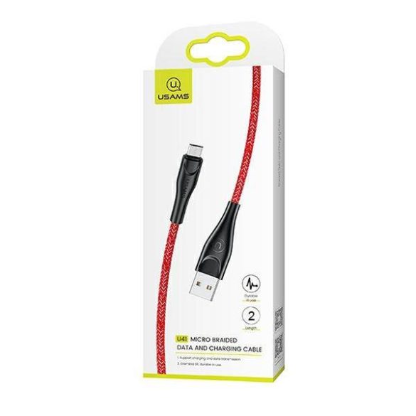 USAMS kábel fonott U41 microUSB 2m 2A piros SJ396USB02 (US-SJ396) gyorstöltés