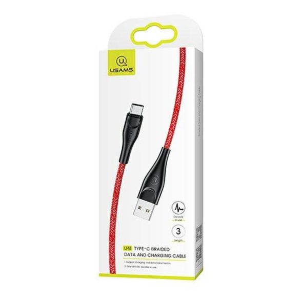 USAMS kábel fonott U41 USB-C 3m 2A piros SJ398USB02 (US-SJ398) gyorstöltés