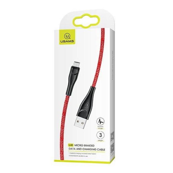 USAMS kábel fonott U41 microUSB 3m 2A piros SJ399USB02 (US-SJ399) gyorstöltés