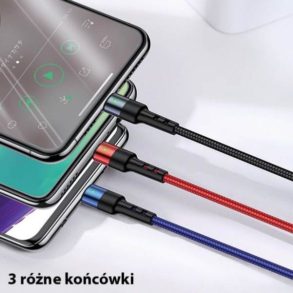 USAMS kábel fonott U26 3 az 1-ben 0.35m 2A gyorstöltés (lightning/microUSB/USB-C) SJ410USB01 (US-SJ410)