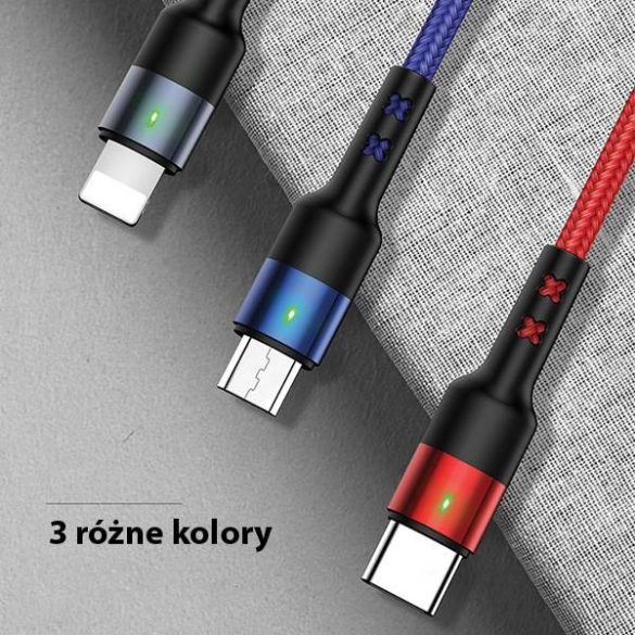 USAMS kábel fonott U26 3 az 1-ben 0.35m 2A gyorstöltés (lightning/microUSB/USB-C) SJ410USB01 (US-SJ410)