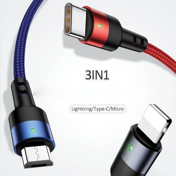 USAMS kábel fonott U26 3 az 1-ben 3m 2A gyorstöltés (lightning/microUSB/USB-C) SJ412USB01 (US-SJ412)