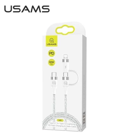 USAMS kábel fonott U31 USB-C - USB-C /lightning 60W PD gyorstöltés fehér SJ403USB02 (US-SJ403)