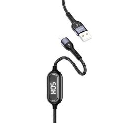   USAMS kábel fonott U48 lightning 1,2m 2A gyorstöltés LED fekete SJ423USB01 (US-SJ423)