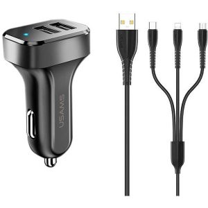 USAMS autós töltő 2xUSB C13 2,1A 3 az 1-ben (microUSB/USB-C/lightning) fekete NTU35YTSC13TZ