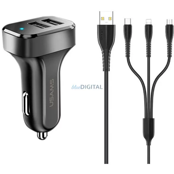 USAMS autós töltő 2xUSB-A csatlakozással 2.1A - fekete