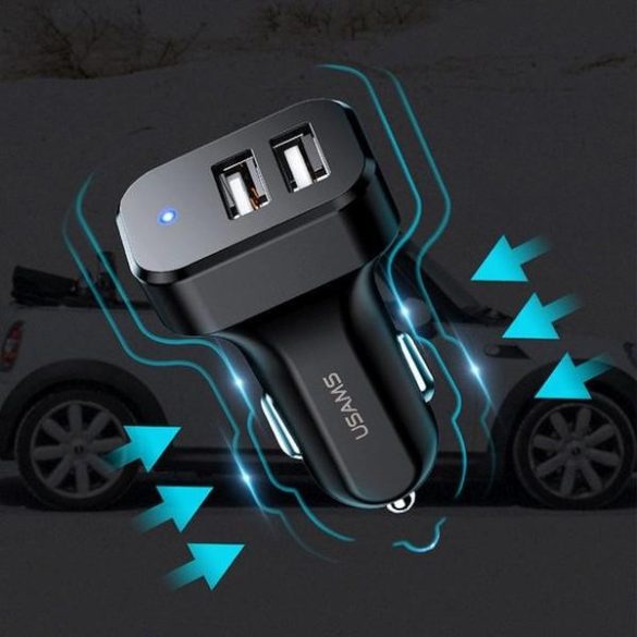 USAMS autós töltő 2xUSB-A csatlakozással 2.1A - fekete