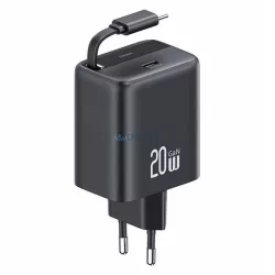   SAMS töltő 1xUSB-C, behúzható USB-C kábellel, PD+QC 20 W-os GaN gyorstöltés, fekete