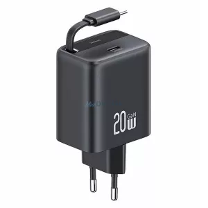 SAMS töltő 1xUSB-C, behúzható USB-C kábellel, PD+QC 20 W-os GaN gyorstöltés, fekete