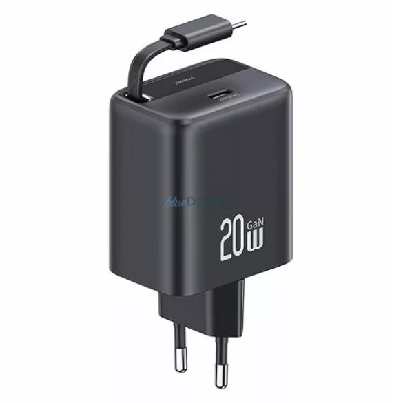 SAMS töltő 1xUSB-C, behúzható USB-C kábellel, PD+QC 20 W-os GaN gyorstöltés, fekete