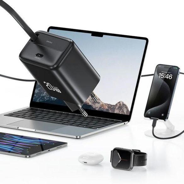 USAMS US-CC233 YC Series hálózati töltő 1xUSB-C csatlakozással és visszahúzható Type-C kábellel PD QC 20W GaN - fekete