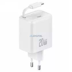   USAMS töltő, 1xUSB-C csatlakozóval, behúzható USB-C kábellel, PD+QC 20 W-os GaN gyorstöltés, fehér
