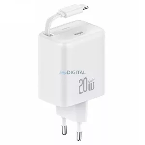 USAMS töltő, 1xUSB-C csatlakozóval, behúzható USB-C kábellel, PD+QC 20 W-os GaN gyorstöltés, fehér