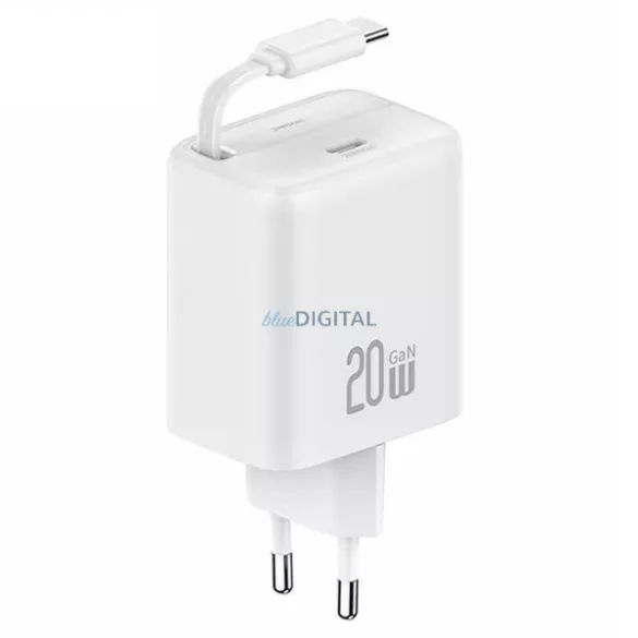 USAMS töltő, 1xUSB-C csatlakozóval, behúzható USB-C kábellel, PD+QC 20 W-os GaN gyorstöltés, fehér