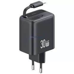   USAMS töltő, 1xUSB-C csatlakozóval, behúzható USB-C kábellel, PD+QC 30 W-os GaN gyorstöltéssel, fekete