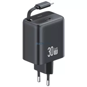 USAMS töltő, 1xUSB-C csatlakozóval, behúzható USB-C kábellel, PD+QC 30 W-os GaN gyorstöltéssel, fekete