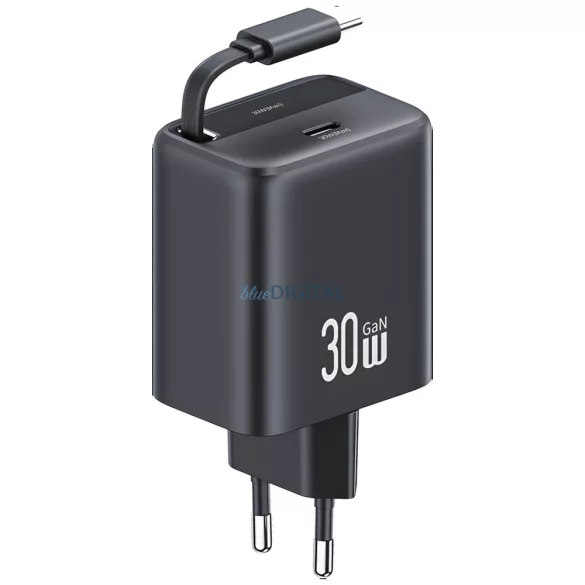 USAMS töltő, 1xUSB-C csatlakozóval, behúzható USB-C kábellel, PD+QC 30 W-os GaN gyorstöltéssel, fekete