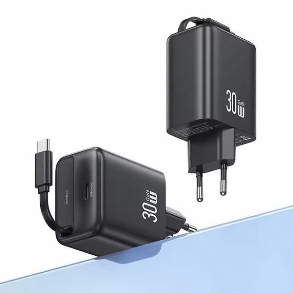 USAMS US-CC241 YC Series hálózati töltő 1xUSB-C csatlakozással és visszahúzható Type-C kábellel PD QC 30W GaN - fekete