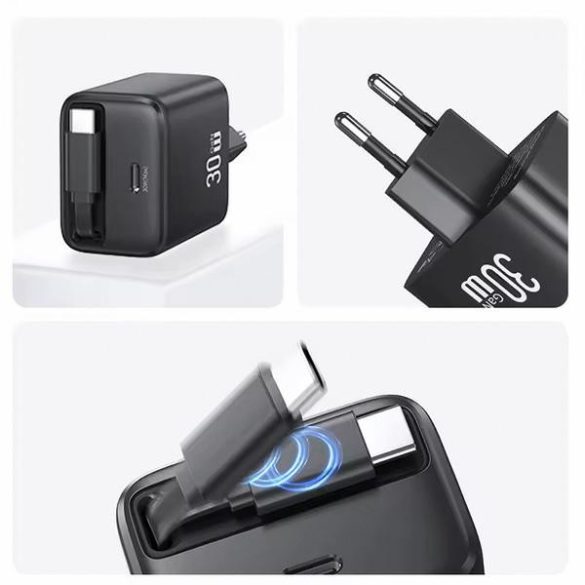 USAMS US-CC241 YC Series hálózati töltő 1xUSB-C csatlakozással és visszahúzható Type-C kábellel PD QC 30W GaN - fekete