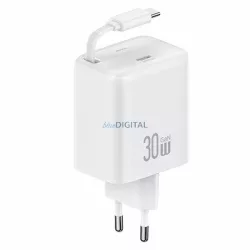   USAMS töltő, 1xUSB-C csatlakozóval, behúzható USB-C kábellel, PD+QC 30 W-os GaN gyorstöltés, fehér
