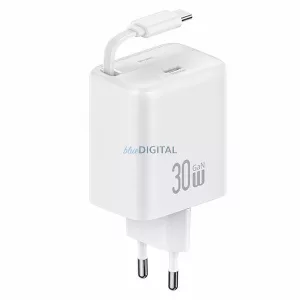 USAMS töltő, 1xUSB-C csatlakozóval, behúzható USB-C kábellel, PD+QC 30 W-os GaN gyorstöltés, fehér