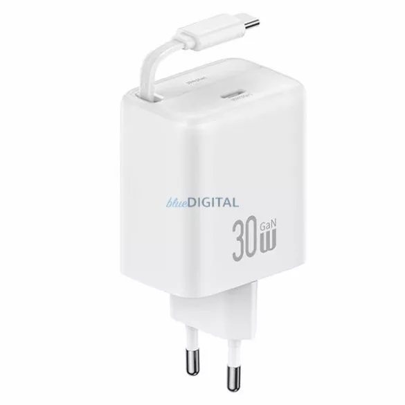USAMS töltő, 1xUSB-C csatlakozóval, behúzható USB-C kábellel, PD+QC 30 W-os GaN gyorstöltés, fehér