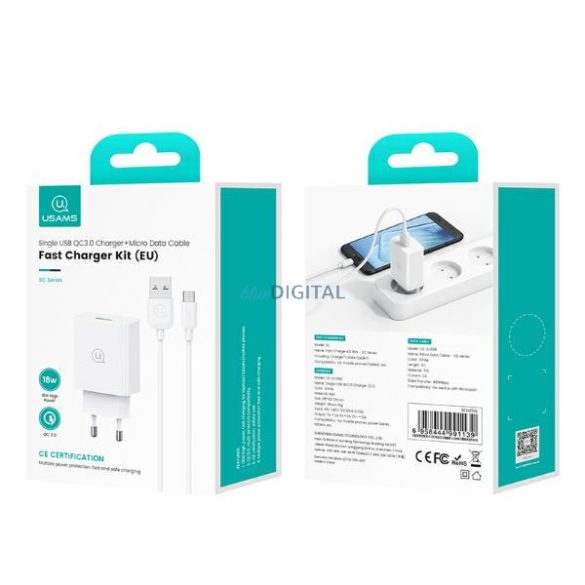 USAMS SCXLTZ01 SC Series hálózati töltő 1xUSB-A csatlakozással és USB-A - microUSB kábellel 18W - fehér