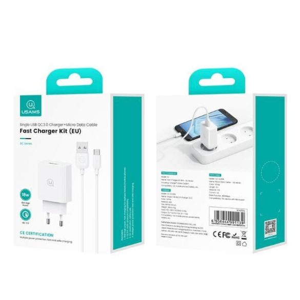 USAMS SCXLTZ01 SC Series hálózati töltő 1xUSB-A csatlakozással és USB-A - microUSB kábellel 18W - fehér