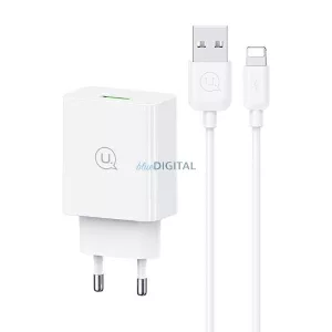USAMS SC Series 18W hálózati töltő + Lightning/USB-A gyorstöltő kábel - fehér
