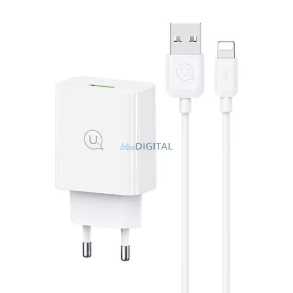 USAMS SC Series 18W hálózati töltő + Lightning/USB-A gyorstöltő kábel - fehér