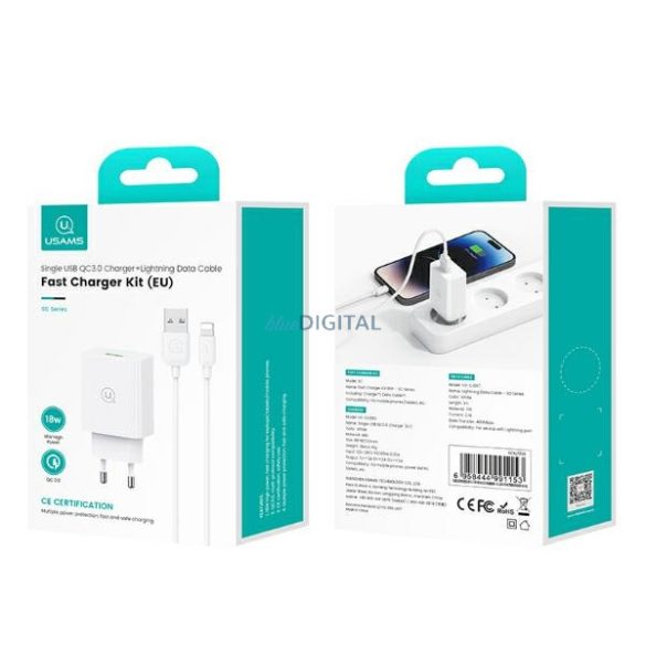 USAMS SCXLTZ03 SC Series hálózati töltő 1xUSB-A csatlakozással és USB-A - Lightning kábellel 18W - fehér