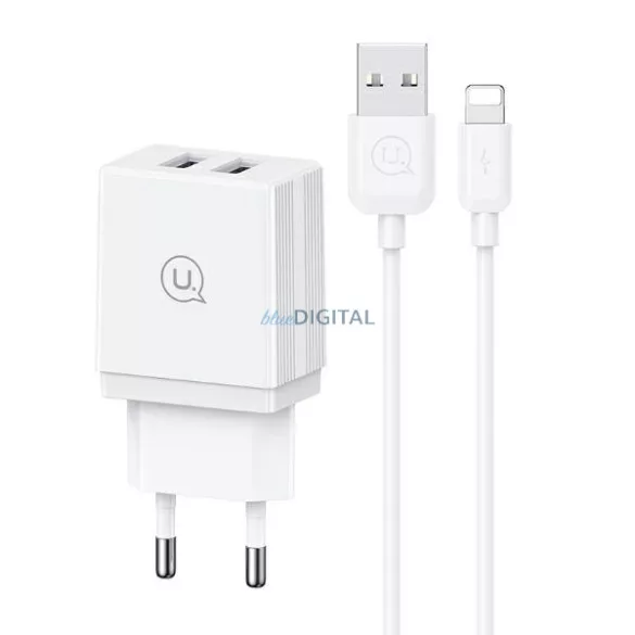 USAMS Hálózati töltő 2xUSB 18 W + Lightning/USB-A gyors töltőkábel, fehér series HC HCXLTZ01