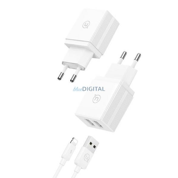 USAMS HCXLTZ01 HC Series hálózati töltő 2xUSB-A csatlakozással és USB-A - Lightning kábellel 18W - fehér