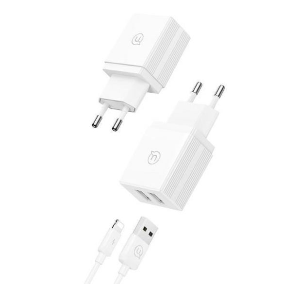 USAMS HCXLTZ01 HC Series hálózati töltő 2xUSB-A csatlakozással és USB-A - Lightning kábellel 18W - fehér