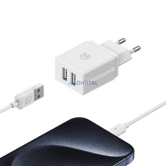 USAMS HCXLTZ01 HC Series hálózati töltő 2xUSB-A csatlakozással és USB-A - Lightning kábellel 18W - fehér