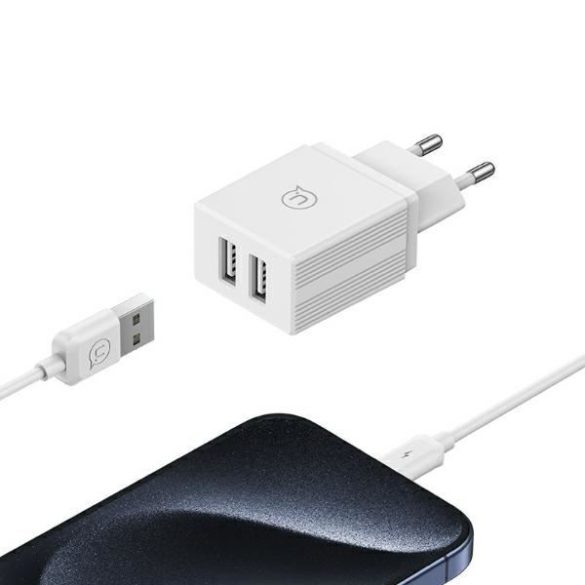 USAMS HCXLTZ01 HC Series hálózati töltő 2xUSB-A csatlakozással és USB-A - Lightning kábellel 18W - fehér