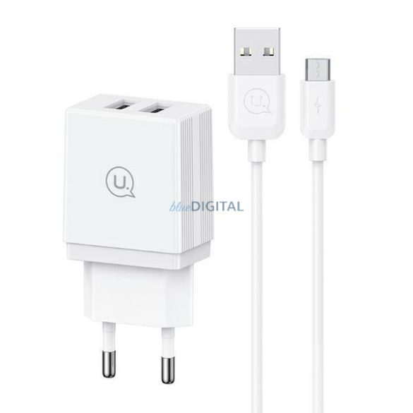 USAMS HCXLTZ02 HC Series hálózati töltő 2xUSB-A csatlakozással és USB-A - microUSB kábellel 18W - fehér